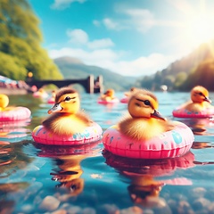 Image showing cute ducklings swimming in the lake with a floaty ring generative ai