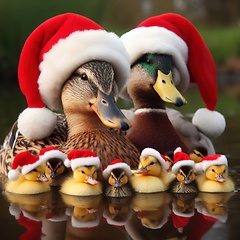 Image showing Family of ducks and ducklings in a pond wearing christmas hats generative ai