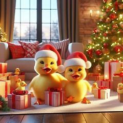 Image showing fluffy ducklings with gifts at christmas 3d art generative ai