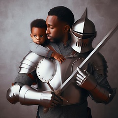 Image showing overprotective father in knight's armor with child generative ai