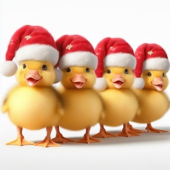 Image showing cute fluffy ducklings with santa hats on white 3d art generative ai