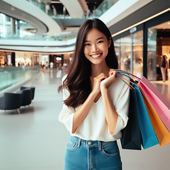 Image showing happy young woman shopping in large shopping mall generative ai