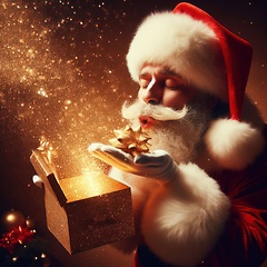 Image showing santa claus blowing magical glittering wishes with this gift generative ai