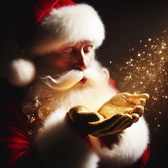 Image showing santa claus blowing magical golden glittering wishes generative ai