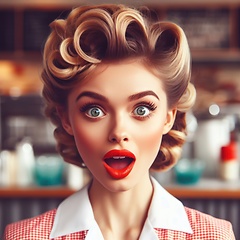 Image showing pretty waitress in diner with lipstick is surprised generative ai