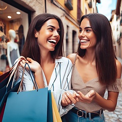 Image showing two happy women shopping while on vacation generative ai