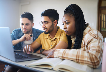 Image showing Laptop, study and students group with online course, elearning or virtual people watch video, exam and test research. Teamwork, collaboration and website of diversity student friends on pc technology