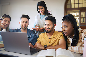 Image showing Laptop, study and students with group project for online course, e learning and education with diversity, happy and teamwork. Research video, studying and university student friends in a classroom