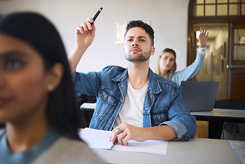 Image showing Students question, hand raise and classroom for learning, education or college with notebook on desk. College student group, university class or lecture for knowledge, development or focus for future