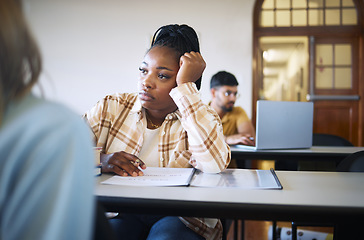 Image showing Black woman, student and depression with mental health and education burnout, sad while learning and depressed female. Anxiety about test, college fear and university fail with academic crisis.