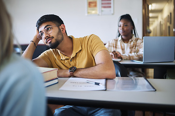 Image showing Classroom, learning and students listening to lecture, workshop or course education for study, scholarship and college knowledge. Indian, diversity and university student thinking, focus and fatigue