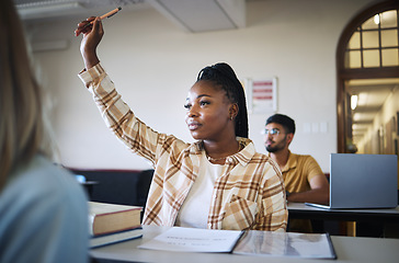 Image showing College student, black woman and hands to answer question in classroom for teaching, school education or learning. University student with raised hand for asking questions, studying or campus lecture