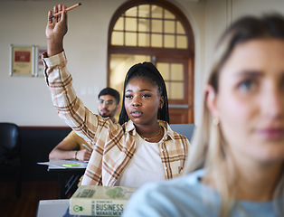 Image showing Question, black woman and student in a business management class ready for learning. Questions, education and university seminar of a woman in a college learning and studying in a school classroom