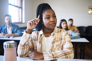 Image showing Education, university and black woman thinking in classroom, learning and listening during a lecture. Students, college and girl with vision for future, ambition and career goals, planning and dream