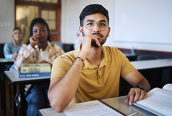 Image showing Arab man, university student and studying law for a class project with legal paper, contract documents and file of information for research homework. College education, law seminar and studying goals