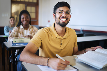 Image showing Study, classroom and students with education, learning and knowledge for exam, test and assessment in language writing. Books, notebook and happy university student with smile for diversity in class