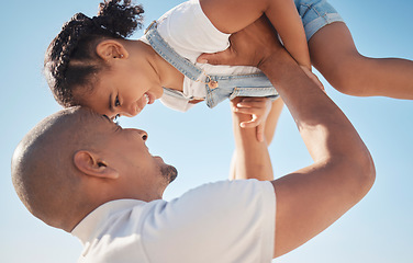 Image showing Father with girl in air, support and happy for quality time, playful and bonding together outdoor. Man, daughter and holding to sky, love and happiness for break, lifting female child and family game