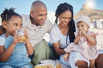 Image showing Black family, beach picnic and love while on vacation eating food and having drinks while happy with mother, father and children. Baby with man, woman and sibling on summer holiday outdoor in nature