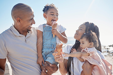 Image showing Black family, beach and ice cream with children and parents on sand by the sea or ocean during summer together. Kids, travel and relax with a mother, father and daughter siblings bonding in nature