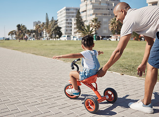 Image showing Child, girl or father pushing bike on city promenade for riding learning, cycling education or Brazilian freedom fun. Smile, happy or bonding man with kid on bicycle sports, wellness trust or games