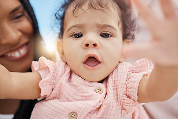 Image showing Face, baby or mom bonding in nature park, garden or backyard environment on mothers day, birthday celebration or Brazilian holiday fun. Zoom, toddler portrait or girl and parent in selfie pov or love