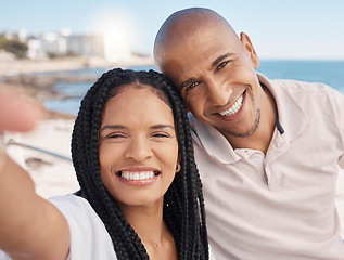 Image showing Love, selfie and portrait of black couple at the beach enjoying summer holiday, vacation and romantic weekend. Traveling lifestyle, adventure and man and woman relax, bond and smile by sea in Miami