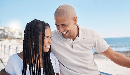 Image showing Love, summer and couple at the beach happy to be on vacation, holiday and romantic weekend in nature. Travelling lifestyle, dating and young man and woman laughing, smile and relax by sea in Miami