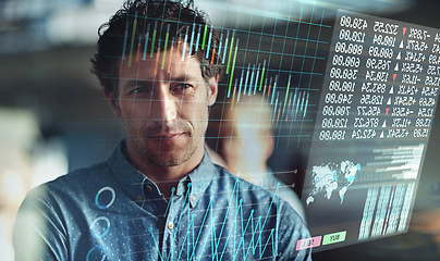 Image showing Global economy, man or stock market overlay of financial forex trading, crypto finance or future data. Business trader, face and thinking of holographic investment, data analysis or digital analytics