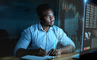 Image showing Businessman, thinking or futuristic finance data in night office for stock market trading, investment management or global economy learning. Financial worker, 3d abstract or analytics with innovation