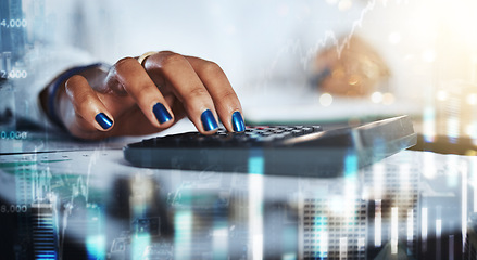 Image showing Black woman, hands and calculator for stock market hologram, forex trading and business accounting. Closeup accountant, graphic overlay and finance investment, data analytics and future budget review