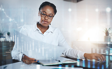 Image showing Stock trading, hologram and black woman with finance documents for review, report and data analytics. Futuristic, cryptocurrency and female worker with digital graph, notebook and planning in fintech