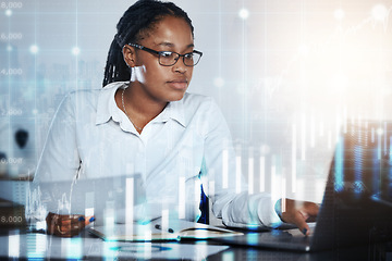 Image showing Economy, woman and laptop with stock market overlay of financial forex trading, crypto finance and data. Black female trader, accountant and holographic investment, budget review and online analytics