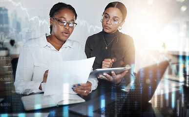 Image showing Business women, tablet and stock market report, hologram and forex data analysis, growth or accounting. Female workers trading, documents and digital technology for fintech investment, erp or finance