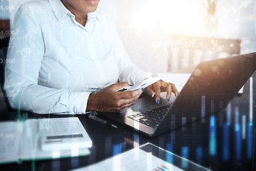 Image showing Finance graphs, stock market and black woman with phone, working online and typing on laptop with documents. Accounting, stock trading and smartphone in hands for cryptocurrency and internet banking