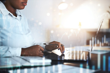 Image showing Hands, laptop or futuristic finance chart in investment management, stock trading fintech or company insurance accounting. Zoom, woman or financial worker on 3d data analytics or technology forex web