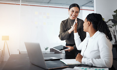 Image showing Teamwork, success and business women high five for support in office. Collaboration, partnership and happy female employees or friends celebrating goals, targets or achievements in company workplace.