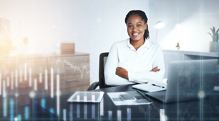 Image showing Woman, arms crossed or futuristic finance chart in investment office, insurance company or stock market trading. Portrait, happy smile or financial worker on 3d abstract data, technology or documents