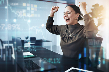 Image showing Success, woman and stock market trading, celebration and winner of digital forex, economy growth or financial deal. Happy trader, laptop and celebrate finance investment, crypto sale and fintech data