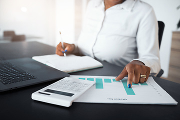 Image showing Business woman, hands and financial planning with graphs, documents and finance calculator in office. Closeup, data analysis and economy research of budget savings, kpi review or accounting analytics