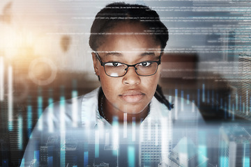 Image showing Stock market, graph and black woman doing research for finance, cryptocurrency and trading investment. Stock trading, cyber network and face of entrepreneur working on screen with financial hologram