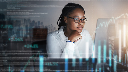 Image showing Data, hologram and black woman doing research on laptop for fintech, cryptocurrency and stock trading online. Futuristic technology, cyber network and female worker with finance chart for business