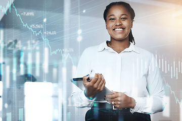 Image showing Black woman, tablet and stock market trading, hologram and forex data, growth and business accounting. Portrait of happy female trader, digital technology and investment of future economy on fintech
