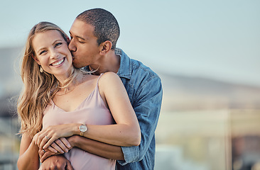 Image showing Couple, hug and kiss for love, care or compassion in happy relationship, bonding or free time on mockup. Woman smiling with man kissing cheek and hugging in romantic quality bonding together outside