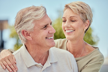 Image showing Senior couple, support and marriage with love and trust, happy with retirement together and relax outdoor in nature. Life partner, relationship and bond with commitment, care and man smile with woman