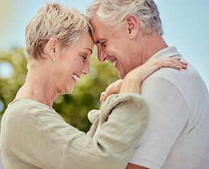 Image showing Hug, elderly and couple with love and trust in marriage, retirement and quality time outdoor, park with nature and commitment. Life partner, care and comfort, happy and retired, man and woman profile