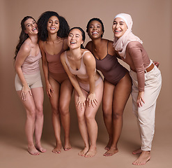 Image showing Diversity, women and beauty in studio for self love, global community and support, wellness and healthy skincare. Portrait, female and happy models, body positive group and inclusion with solidarity