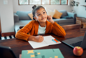 Image showing Education, writing or girl in a house thinking of solutions, learning math problem solving or child development. Ideas, child or young Indian school student busy with homework assessment in notebook