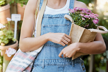 Image showing Hands, flowers and plants with a woman customer shopping for garden supplies at a nursery or florist. Spring, nature and growth with a female consumer buying a plant or flower for her garden
