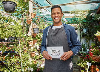 Image showing Farmer portrait, plant supermarket and open sign ready for business, agriculture store and small business manager smile. Asian man, retail happiness and nature farm, ecology farming or gardening