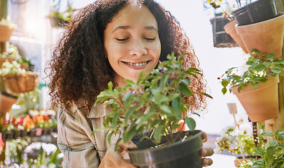 Image showing Plant, shopping and happy customer for gardening at eco friendly store offer, promotion or discount in summer growth success. Woman outdoor, green plants and spring sale startup for a zen lifestyle